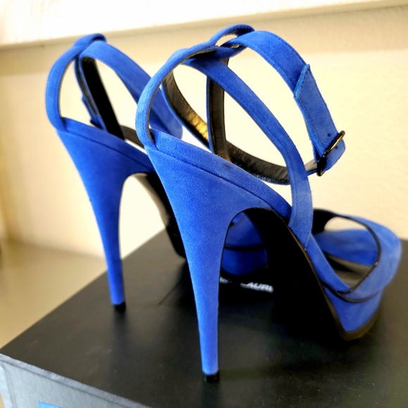 Saint Laurent Blue Suede Platform Stiletto Ankle Strap Buckle Heels EU 38 - Picture 10 of 13